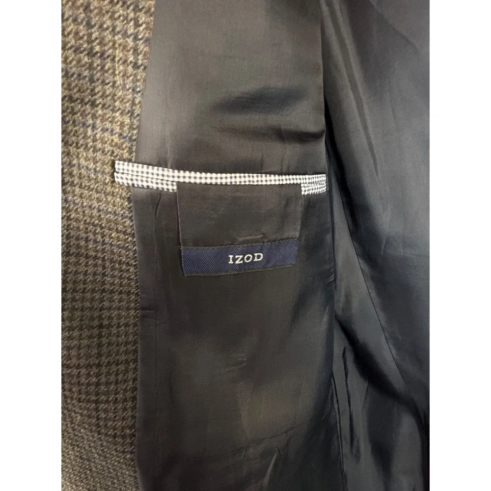 Vintage Blazer Sport Coat Jacket Izod Wool 48L Blue Gray Brown Plaid Houndstooth